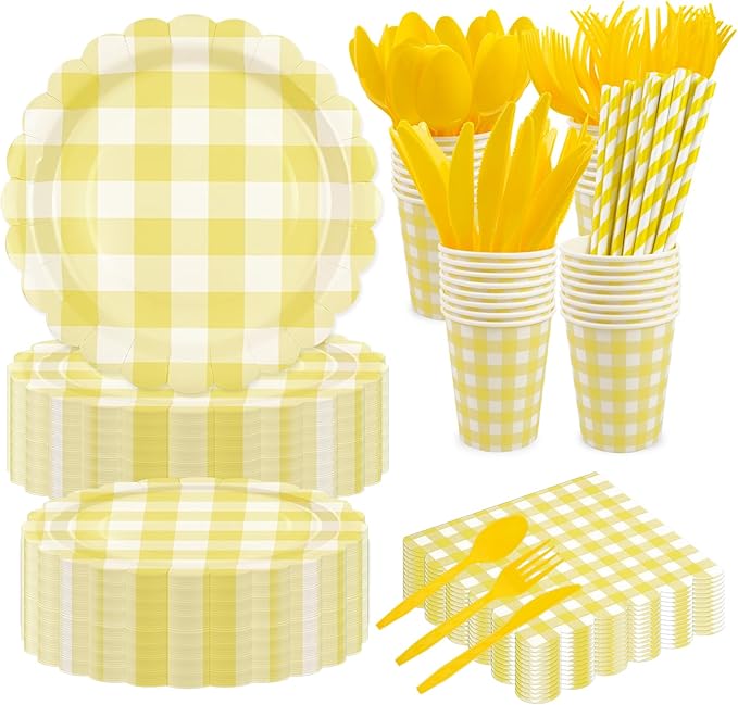400PCS Yellow Gingham Party Supplies, Scalloped Disposable Tableware Set Includes Paper Plates Napkins Cups Straws Forks Knives Spoons for Baby Shower Birthday Wedding Decorations, Serve 50
