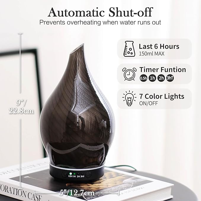 Porseme 150ml Essential Oil Diffuser Glass Color Changing Aroma Air Diffusers Aromatherapy Ultrasonic Cool Mist Humidifier 6 Running Hours Waterless Auto-Off for Sleeping Yoga Office Spa (Pure Grey)