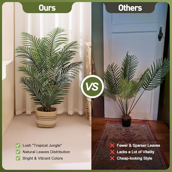Artificial Palm Tree, 4FT Tall Fake Palm Trees with UV Resistant Leaves, Potted Faux Areca Palm Plant for Indoor Outdoor, Large Floor Plants for Home Living Room Porch Decor, 2Pcs - VN125