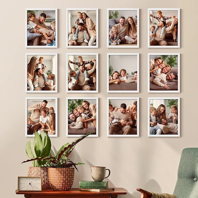 Renditions Gallery Set of 12, 8X10 Custom Photo Prints with Real Wood Picture Frames. Create Personalized Photos with Peel & Stick Photo Frames. White Frame