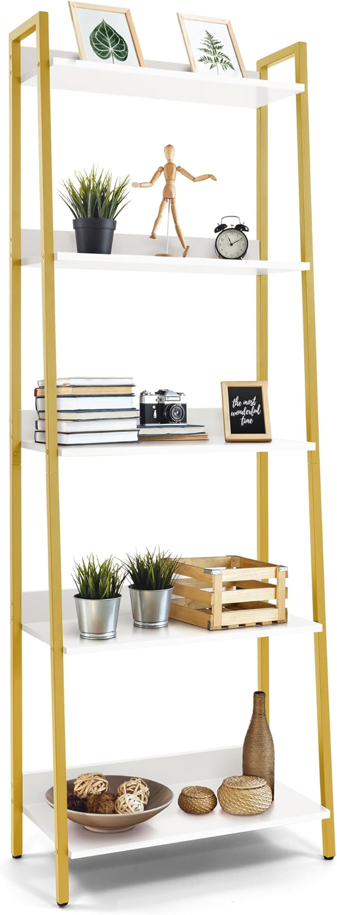 CAPHAUS 5 Tier Ladder Bookshelf, 24 Inch Width Free Standing Shelf, Bookcase Shelf Storage Rack Organizer, Industrial Book Shelves for Home Office, Living Room, Kitchen, White Shelves & Gold Frame