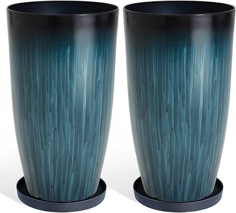 KOL 2-Pack 23.5" Plastic Planters, Gradient Blue Glossy Large Tall Plant Pots, Lightweight Decorative Flower Containers with Drainage Hole & Dual-Purpose Saucer – Indoor & Outdoor Use Front Porch