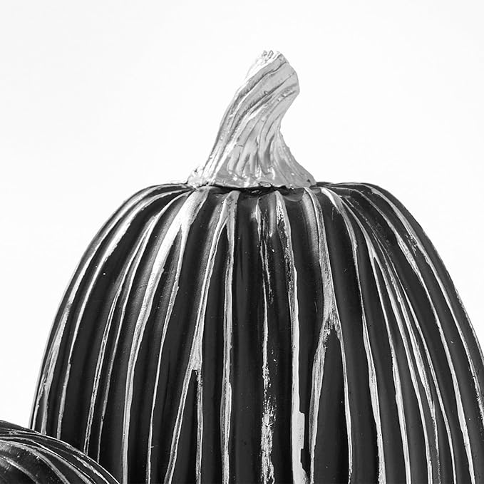 DN DECONATION Pumpkin Decorations for Fall and Halloween Indoor Home Decor, Black and Silver Faux Pumpkins–Fall Halloween Table Centerpiece, 2-Pack Resin Pumpkin for Thanksgiving Modern Farmhouse