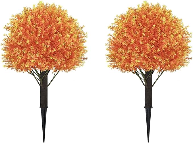 24" Fall Cedar Topiary Trees Artificial Outdoor, Set of 2 Faux Bushes and Shrubs with Ground Spike, UV Resistant Realistic Large Fake Ball Plants for Front Porch Outside Planters Backyard Decor