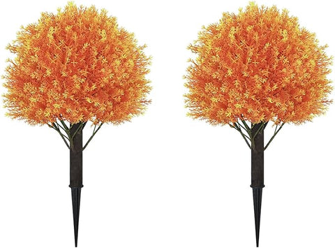 24" Fall Cedar Topiary Trees Artificial Outdoor, Set of 2 Faux Bushes and Shrubs with Ground Spike, UV Resistant Realistic Large Fake Ball Plants for Front Porch Outside Planters Backyard Decor