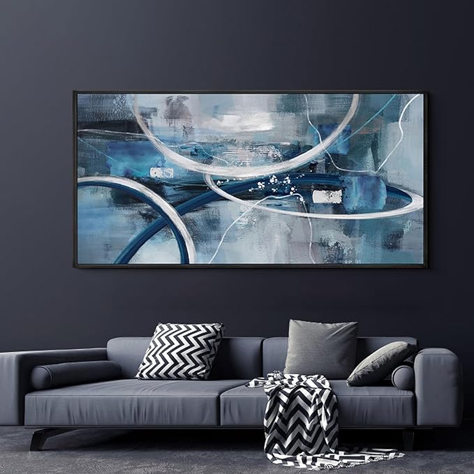 XLSJERST Large Abstract Canvas Wall Decor - Modern Living Room Wall Art Elegant Combination of Tones Black and White Gray Background Blue Gradient Picture Size 24x48