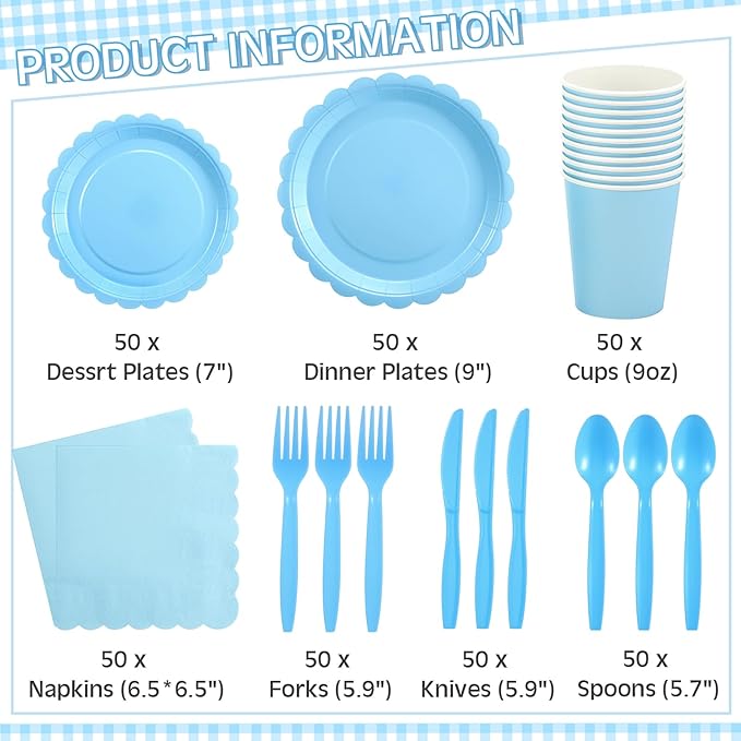 200 Pcs Light Blue Plates and Napkins, 25 Guest Spring Party Supplies Include Scalloped Paper Plates Napkins Cups Plastic Spoons Forks Knives Disposable Tableware Set for Baby Shower