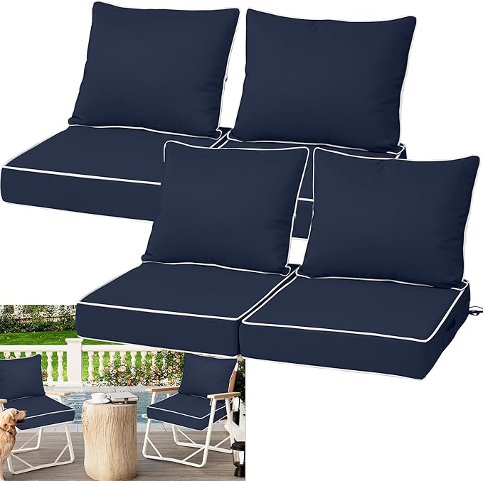 Waterproof Outdoor Chair Cushion Set of 4, 24x24x5 IN Deep Seat Patio Cushions with Fade Resistant Removable Cover,Outdoor Cushions for Patio Furniture with Ties&Handle for Chair Sofa Couch,Navy+Pipes
