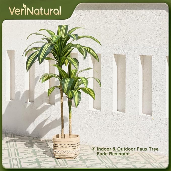 Artificial Dracaena Tree 4FT - Tall Faux Floor Plant with UV-Resistant,Artificial Plants with Lifelike Leaves,Potted Fake Trees for Home, Living Room,Indoor & Outdoor Decor,VN123(Yellow)