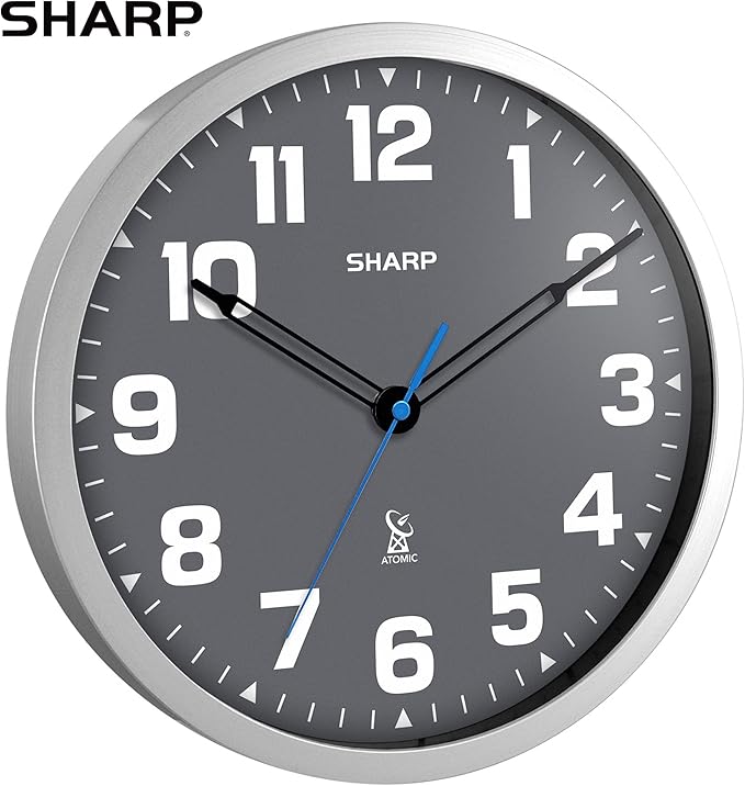 Sharp Atomic Analog Wall Clock - 12" Grey Face, Silver Brushed Finish - Sets Automatically- Battery Operated - Easy to Read - Easy to Use – Modern Design and Style