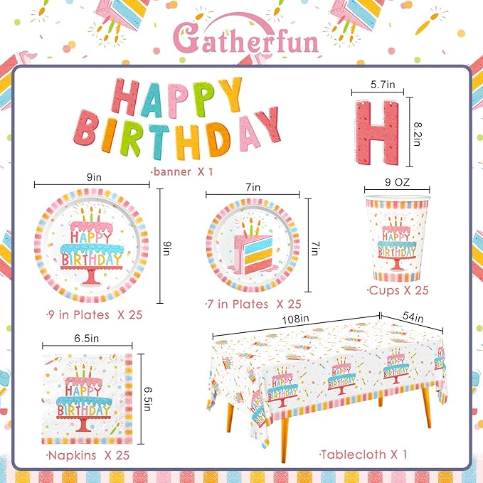 Happy Birthday Party Supplies Set for 25 -Kit with Cake Design Includes Plates, Napkins, Cups, Tablecloth & Banner - for Boys & Girls Birthday Party Decorations
