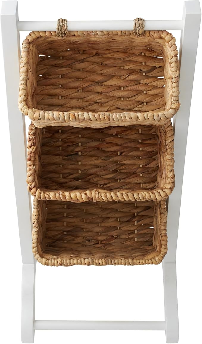 Casafield 3-Tier Floor Stand with Water Hyacinth Storage Baskets, White/Natural - Standing Organizer Rack for Bathroom, Kitchen, Laundry, Living Room