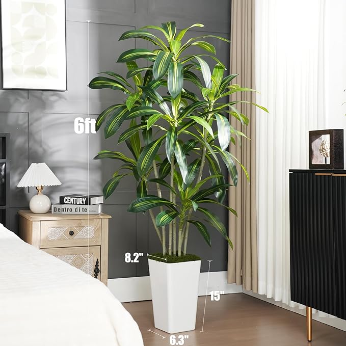 Dracaena Plant Artificial Tree 6Ft Tall Fake Tropical Floor Plants Potted (Real Touch) Artificial Silk Tree Leaf Faux Trees White Tall Planter for Home Office Living Room Indoor Outdoor Decor