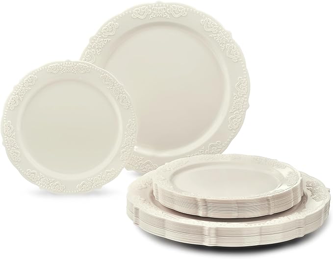 " OCCASIONS " 240 Plates Pack,(120 Guests) Vintage Wedding Party Disposable Plastic Plates Set -120 x 10.25'' Dinner + 120 x 7.5'' Salad / Dessert Plate (Portofino Ivory)