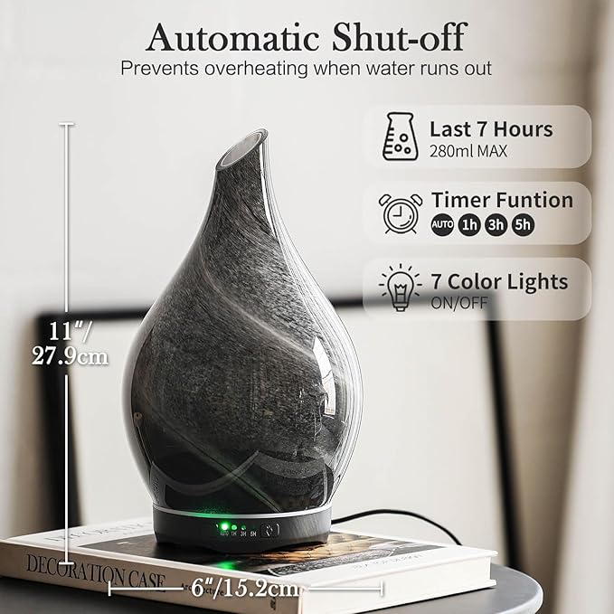 Porseme 280ml Essential Oil Diffuser Glass Color Changing Aroma Air Diffusers Aromatherapy Ultrasonic Cool Mist Humidifier 7 Running Hours Waterless Auto-Off for Sleeping, Yoga, Office, Spa (Obsidian)