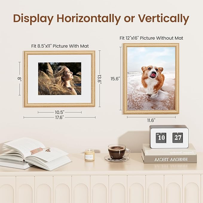 12x16 Picture Frame, Natural Solid Wooden Picture Frames with Tempered Glass, Display 8.5x11 with Mat or 12x16 Without, Vertical or Horizontal Wall Hanging Photo Frame, Natural Oak Color, 1 Pack