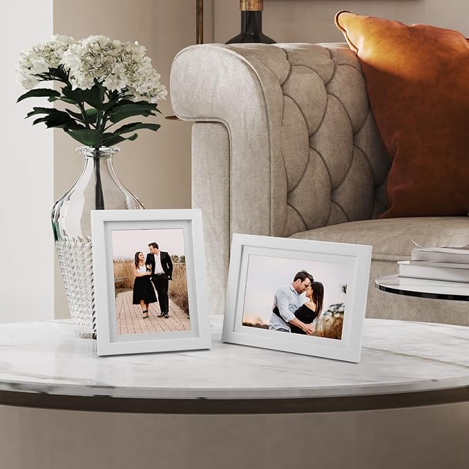 Giftgarden 5x7 Picture Frame Set of 4 White Wood Grain Frames for 5x7 Photos with Mat or 6x8 Without Mat, Wall or Tabletop Display