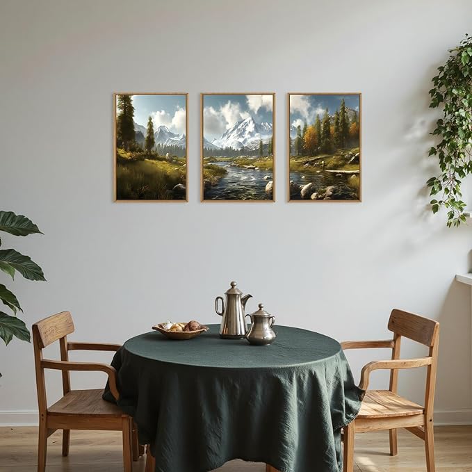 Large Watercolor Snow Mountain Framed Canvas Wall Art,Modern River Grassland Wall Decor,Natural Green Forest Artwork,Neutral Wood Landscape Art Print for Living Room,Bedroom,Office-24 x36 x3