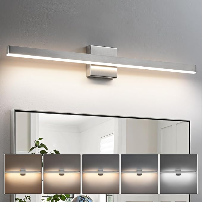 KAISITE Modern Bathroom Vanity Light 32 Inch - Brushed Nickel Fixture Over Mirror, Dimmable 5CCT LED Bar Light for Restroom