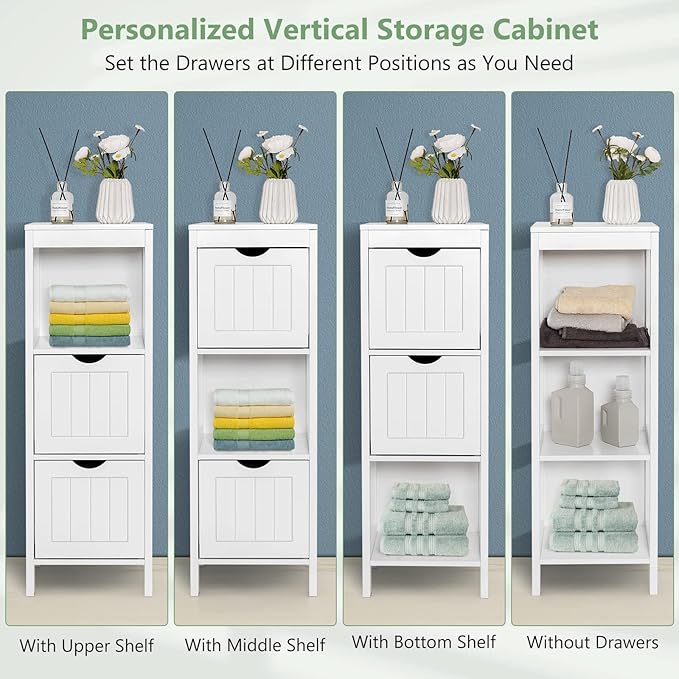 Tangkula Small Bathroom Storage Cabinet with 2 Removable Drawers, Wood Freestanding Floor Cabinet for Bathroom, Anti-Tipping Device, Side Corner Cabinet for Small Spaces (White)