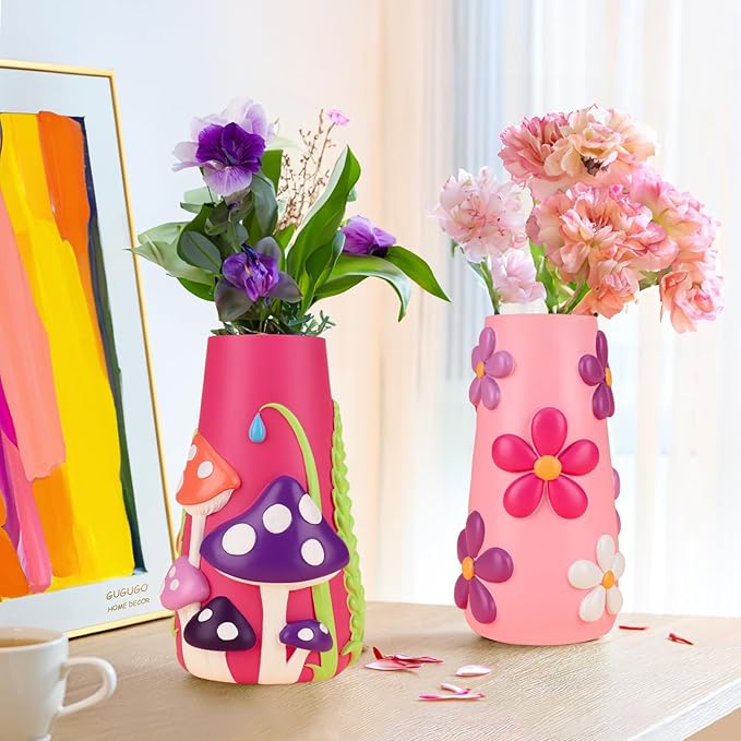 GUGUGO Pastel Flowers Vase, 8-Inch-Tall Rainbow Funky Mushroom Decor, Unique Colorful Decorative Flower Vases for Centerpieces, Eclectic Vases for Flowers, Cute Room Decor Aesthetic(D)