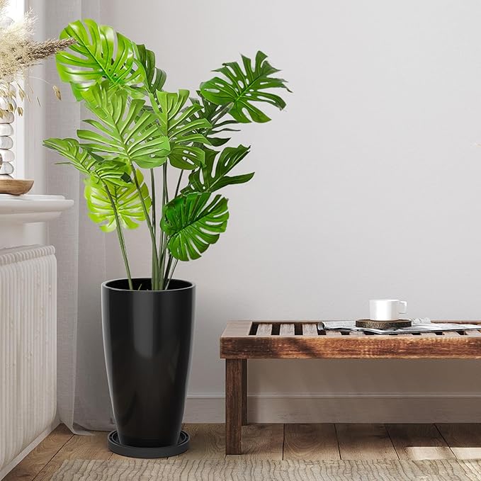 ZMTECH 21 Inch Tall Plant Pots for Indoor & Outdoor Use Set of 2, Large Plastic Planters with Removable Tray for Outside with Drainage Holes for Front Porch Patio Garden, Glossy Black