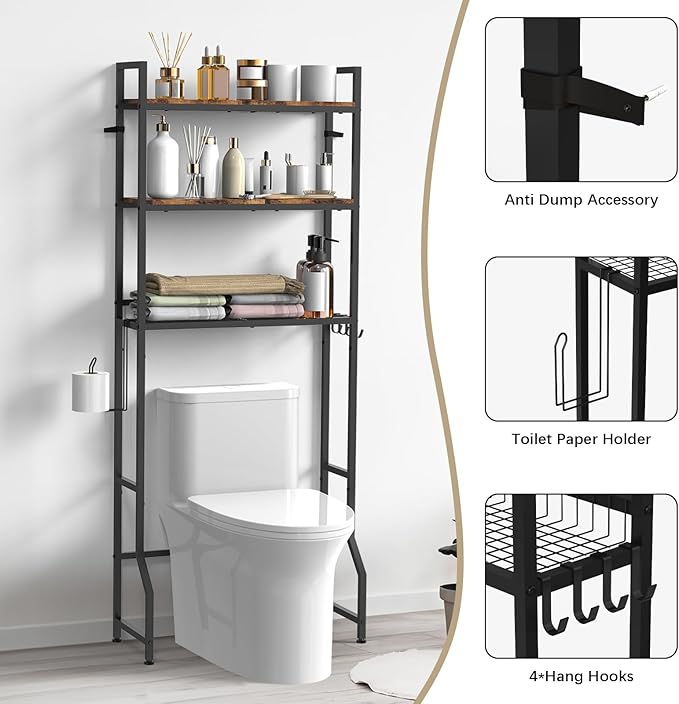 Over The Toilet Storage, Over Toilet Bathroom Organizer 3 Tier, Above Toilet Storage Rack for Bathroom Freestanding Bathroom Space Saver with Metal Frame and 4 Hooks for Laundry, Brown