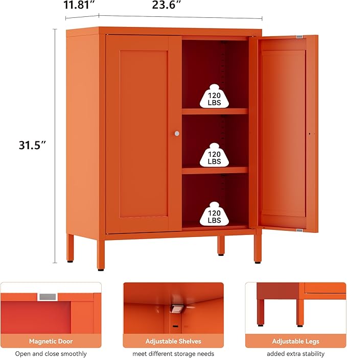 Metal Bathroom Storage Cabinet, Bathroom Floor Storage Cabinet with 2 Adjustable Shelves and 2 Doors,Freestanding Metal Sideboard for Small Spaces, Living Room, Dining Room,Orange