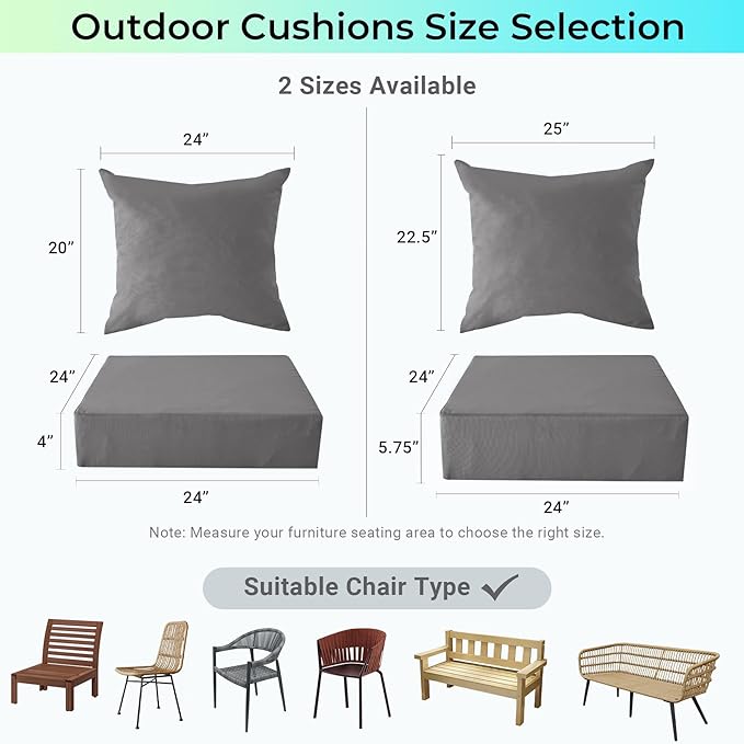 Outdoor Cushions for Patio Furniture,Outdoor Seat Cushion Set 24 x 24 x 4 Inch,Waterproof & Fade Resistant Outdoor Chair Cushions,Deep Patio Chair Cushion with Removable Cover,Dark Grey