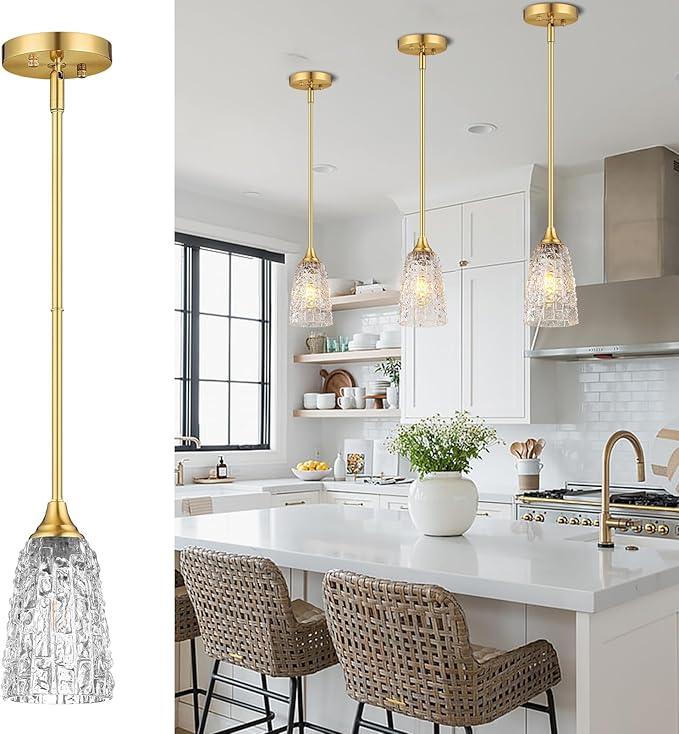 Glass Pendant Lights Kitchen Island, 1-Light Brushed Gold Pendant Light Fixtures with Hammered Glass and Rods, Modern Farmhouse Mini Hanging Light for Kitchen Sink Dining Room Bedroom, E26