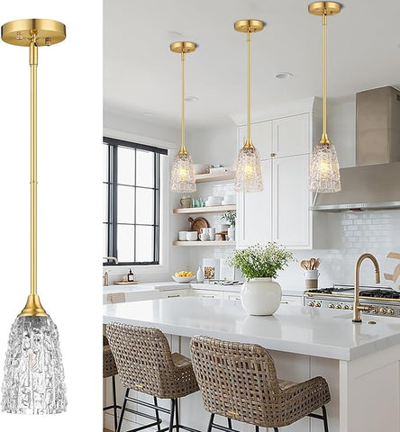 Glass Pendant Lights Kitchen Island, 1-Light Brushed Gold Pendant Light Fixtures with Hammered Glass and Rods, Modern Farmhouse Mini Hanging Light for Kitchen Sink Dining Room Bedroom, E26