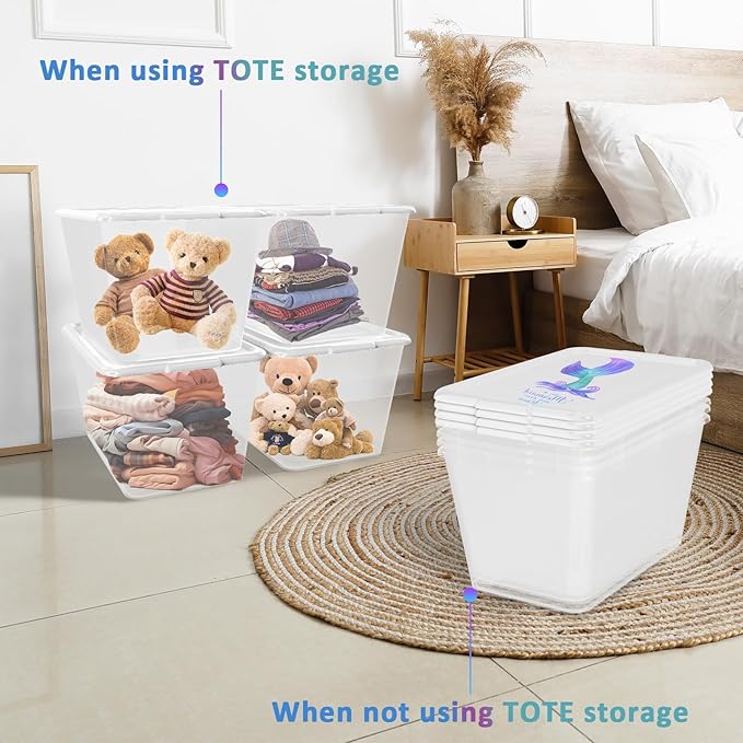 Storage Totes with Lids - Made in USA 14.5-Gallon (58-Quart) 4-Pack storage bins with lids plastic storage containers large storage boxes for Organizer Mermaid White/Clear