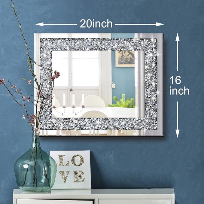 Rectangle Sparkling Decorative Wall Mirror for Home Decoration with Silver Crystal Crush Diamond Décor, Dimention16x20x1 inch, Wall Hang Frameless Mirrors Glass Diamond Décor.