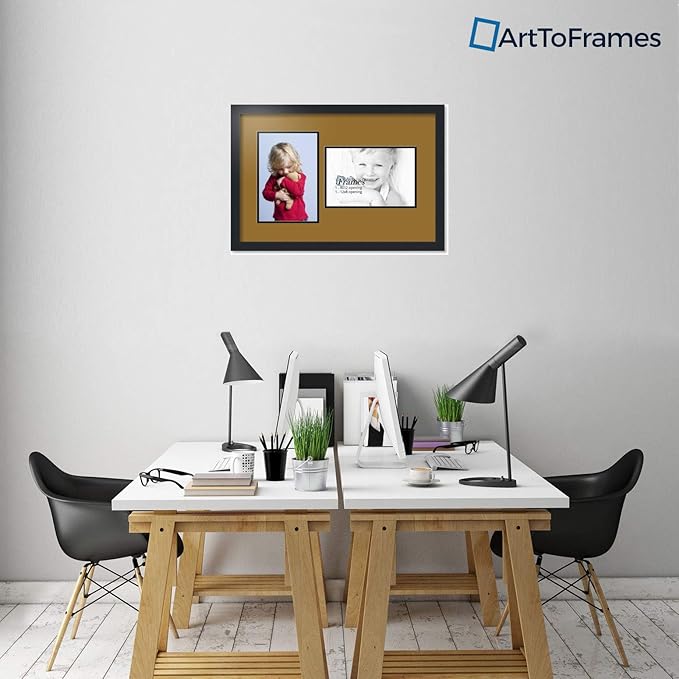 ArtToFrames Collage Photo Frame Double Mat with 2-8x12 Openings with Satin Black Frame and El Dorado mat.