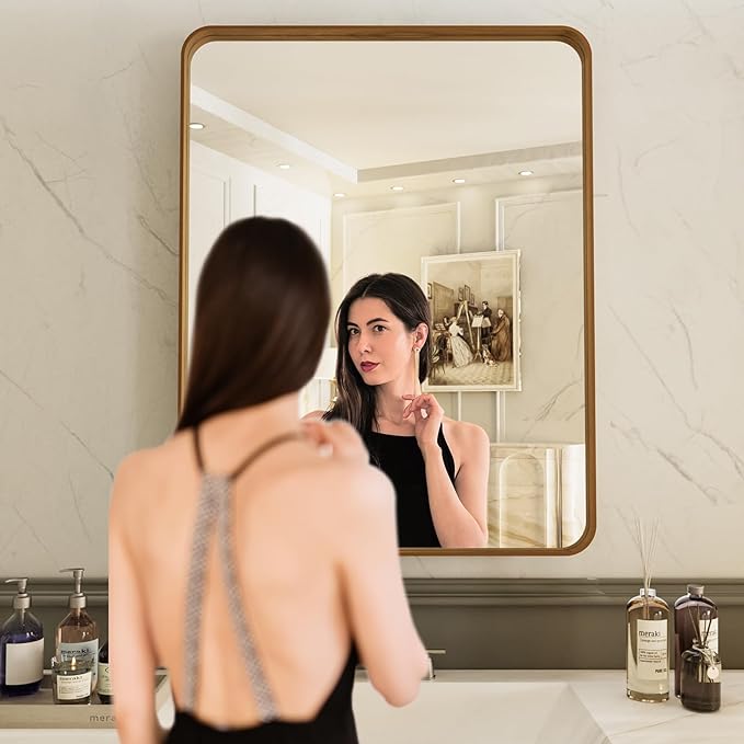 LOAAO 28X36 Bathroom Mirror with Wood Grain Colored Metal Frame, Rounded Rectangle Metal Framed Bathroom Mirror, Anti-Rust, Hangs Horizontally or Vertically