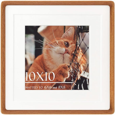10x10 Square Picture Frame in Natural Teak Wood, Solid Wooden Frames matted to 6x6/8x8, Gallery Frames for Wall Mount or Tabletop Display
