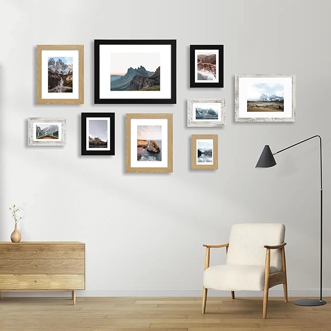 10x14 Picture Frame Set of 2, Made of Glass and Rustic Black Wooden Frame, Display 8x12 Pictures with Mat or 30 x 40cm Diamond Painting Art without Mat for Wall Mounting, Gallery Photo Frames