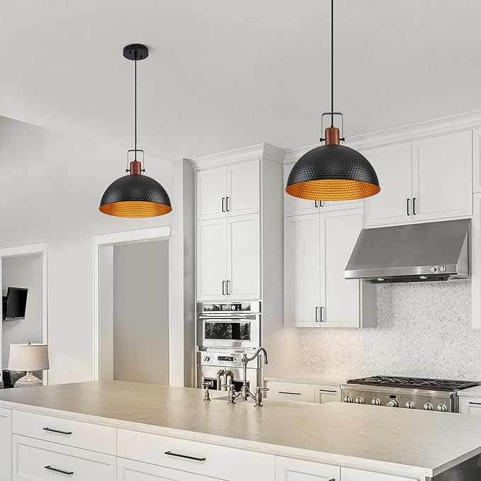 16 Inch Black Pendant Lights Hammered Matte Pendant Lights for Kitchen Island Industrial Farmhouse Adjustable Height Dome Hanging Light Fixtures for Barn, Dining Room 2 Packs