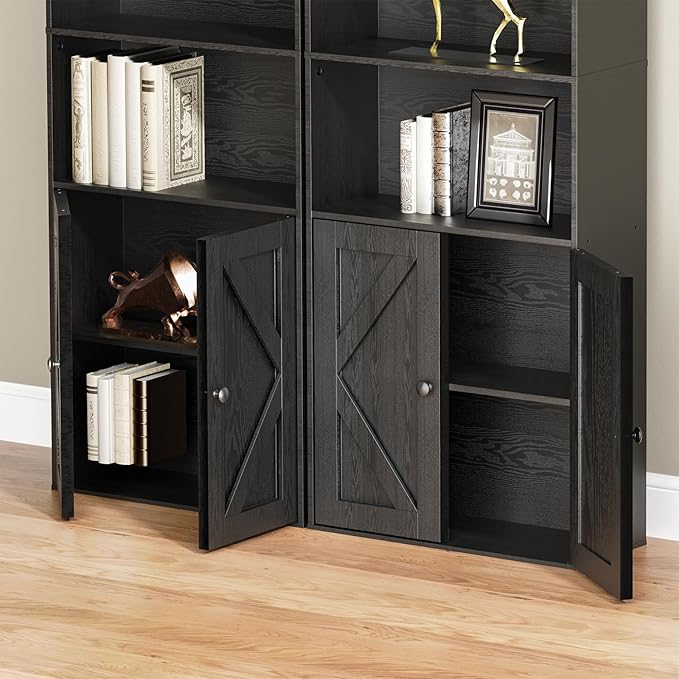Tall Wooden Bookshelf with Cabinet and Doors,Vintage Black Bookcase for Bedroom, Living Room, or Home Office Storage, 6 Shelves for Heavy Books & Organization