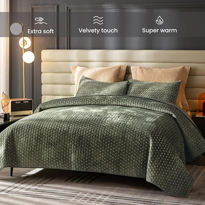 Velvet Quilt King,Luxurious Old World Look Cross Stitch Striped Quilted Velvet Comforter Set,Oversized Bedspread Coverlet with Brushed Back,Ultra Soft Cozy Warm for All Season,Grayish Green