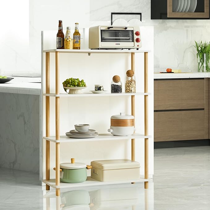 IBUYKE 4-Tier Wooden Open Bookcase - Modern Freestanding Bookshelf Storage Organizer,Standing Shelf Units,Multifunctional Display Stand for Bedroom, Living Room and Home Office, White WBC004W