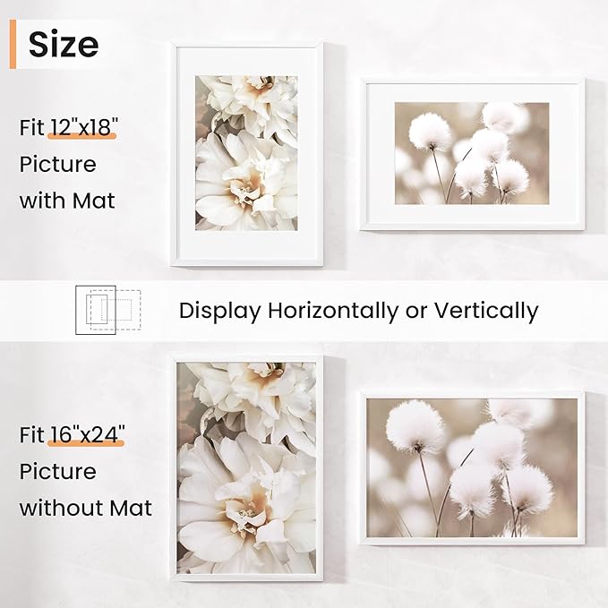 16x24 inch Picture Frame, 16x24 Photo Frames with 12x18 Removable Mat - High Definition Plexiglass - Vertical and Horizontal Display - Wall Hanging Poster Frame - White, 5 Pack