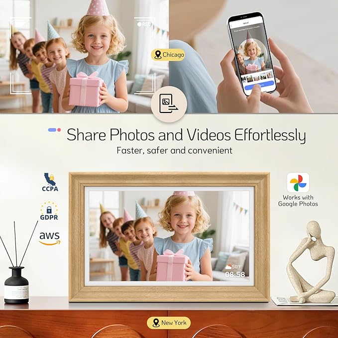 NexFoto Touchscreen Digital Picture Frame 15.6'', FHD WiFi Digital Photo Frame, 64GB Wood Electronic Picture Frame, Add Photos from Google Photos, Share Videos, for Mom, Birthday, Wood