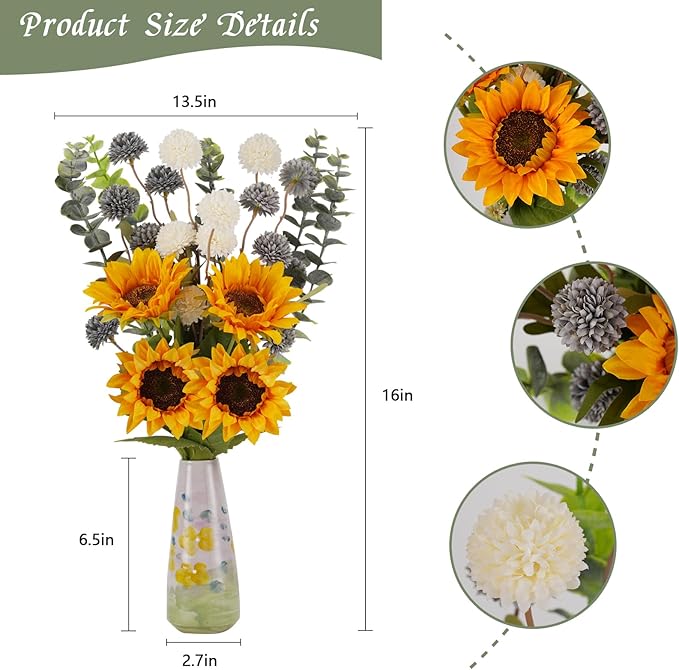 Fake Sunflowers with Hand-Painted Vase,16" Artificial Flowers in Small Ceramic Vase,Silk Flower Eucalyptus Bouquet Faux Arrangements for Home Living Room Kitchen Office Coffee Table Decor