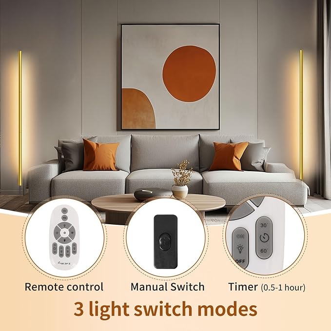 58.2" inch Gold Corner Lamp, Plug in Corner Light with Remote, Minimalist Modern Long Wall Light, Dimmable Living Room Wall Lights, Space-Saving LED CornerLamp for Living Room, 1 Pack