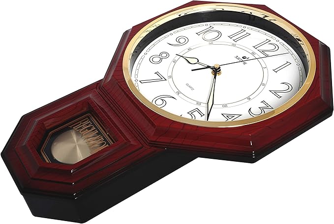 JUSTIME Traditional Schoolhouse Luminious Arabic Regulator Wall Clock, Chiming Wall Clocks with Pendulum & Westminster Chime Hourly, Schoolhouse Wall Decor Battery Operated (Red Mahogany)