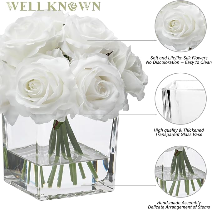 WELL KNOWN Rose Artificial Flowers in Vase with Faux Water, Ivory White Silk Rose Table Centerpieces for Home Coffee Table Decor, Fake Roses Flower Arrangements for Office Hotel Lavatory Decor