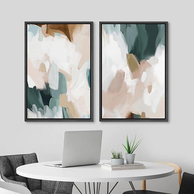 MUDECOR Framed Canvas Print Wall Art Watercolor Pastel White Blue Pattern Abstract Illustrations Modern Art Decorative Bohemian Colorful Chic for Living Room, Bedroom, Office - 16"x24"x2 Black