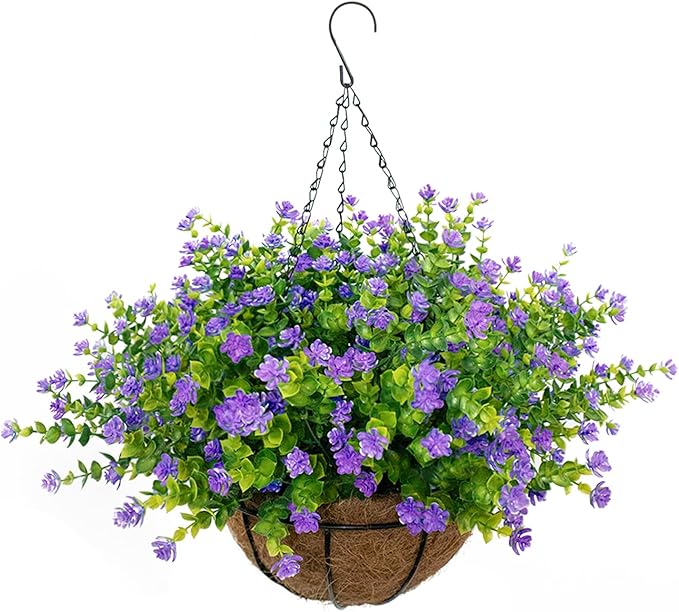 Artificial Hanging Flowers Basket, 12 UV-Resistant Bundles of Realistic Fake Flowers, Faux Plants for Outdoor Decor, Home, Garden, Porch, Patio, Spring & Summer Decorations, Purple