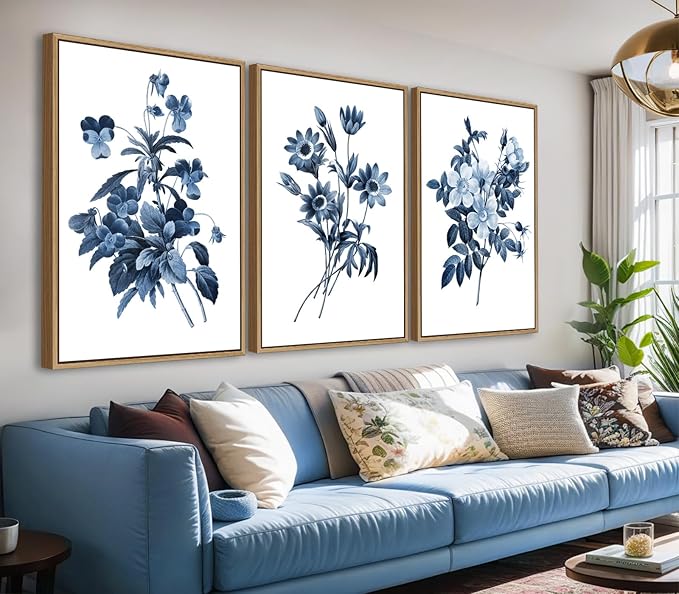 Large Framed Canvas Wall Art - Natural Float Framed Indigo Flowers Picturtes for Living Room Decor Retro Blue Floral Botanical Artwork Plants for Bedroom Kitchen Home Office Decor 72" X 36" Set of 3